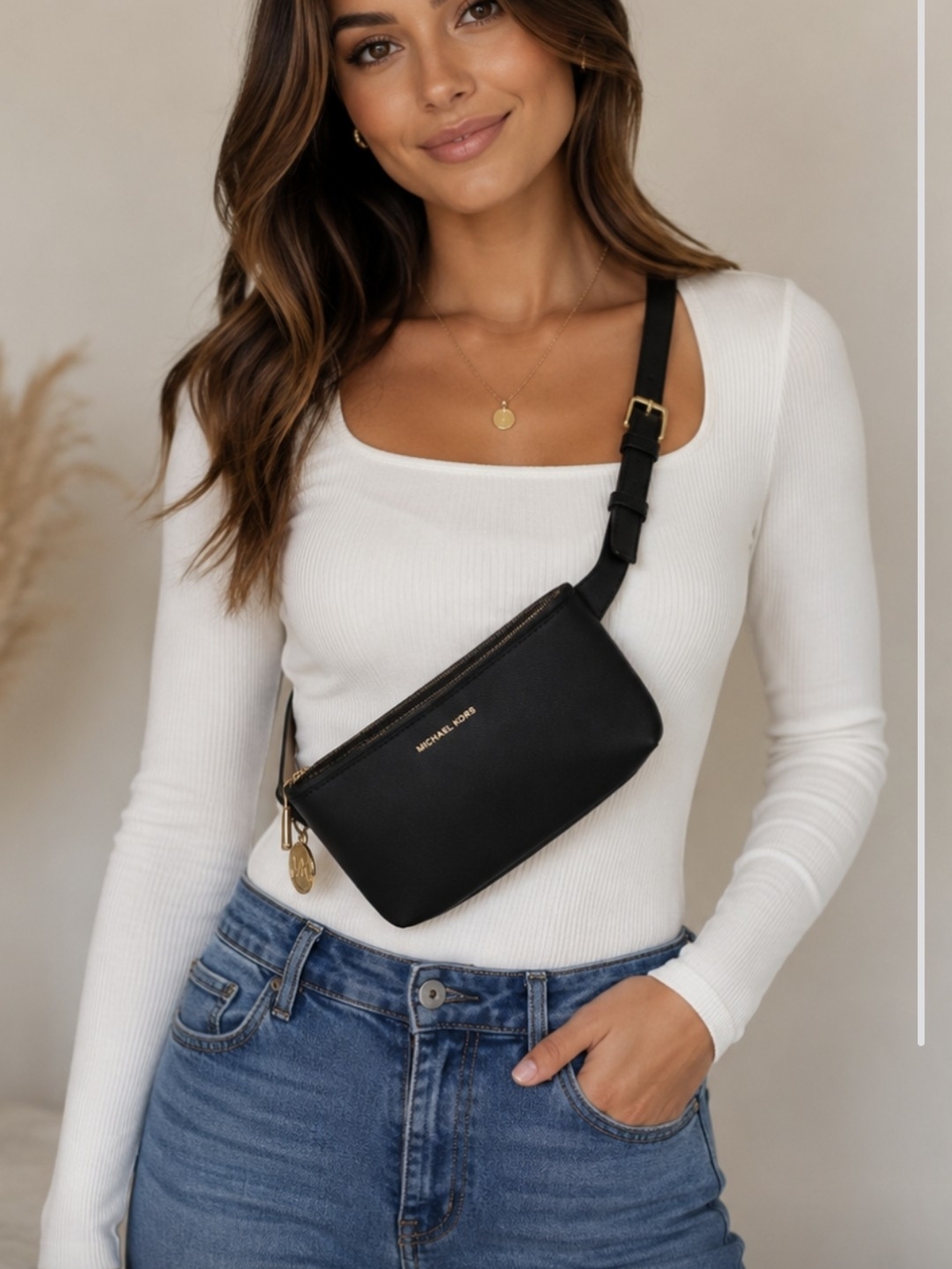 Michael Kors Black Saffiano Leather Belt Bag with Gold Hardware NWOT